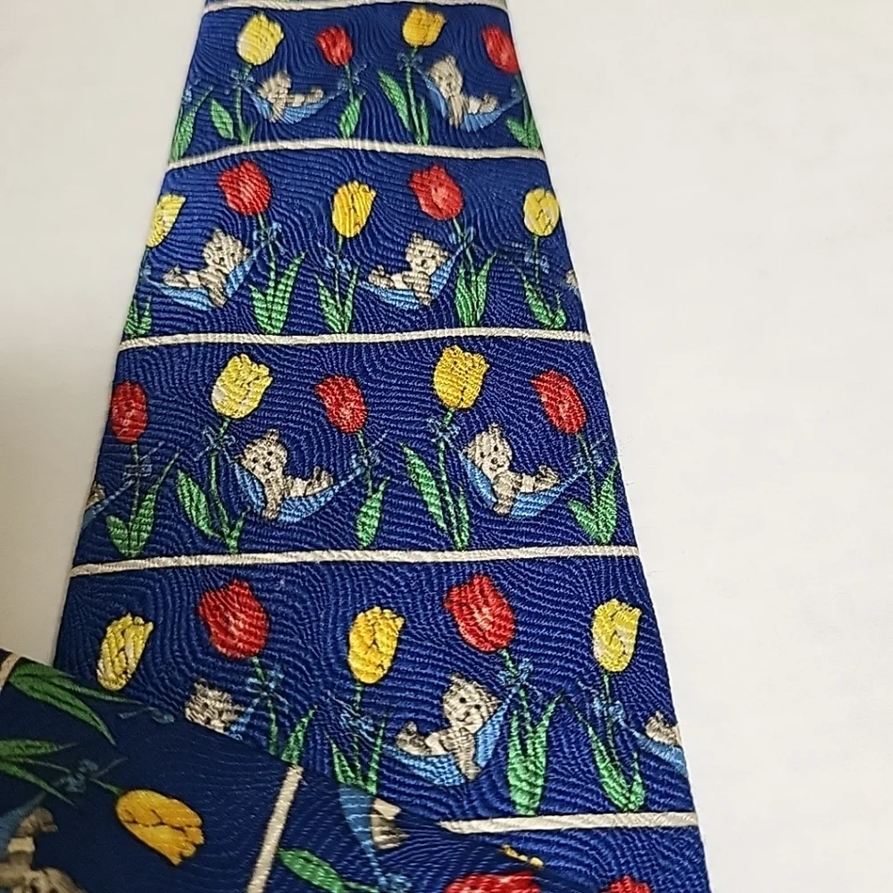 PAUL FREDRICK Bear in a Hammock Floral Tulip Blue Men's 100Italian Silk Neck Tie